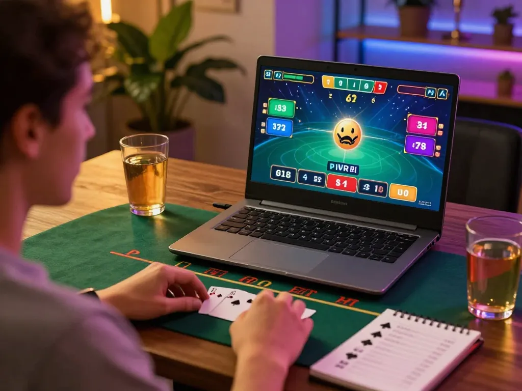 Player strategizing in online blackjack on rr88c with laptop and notepad.