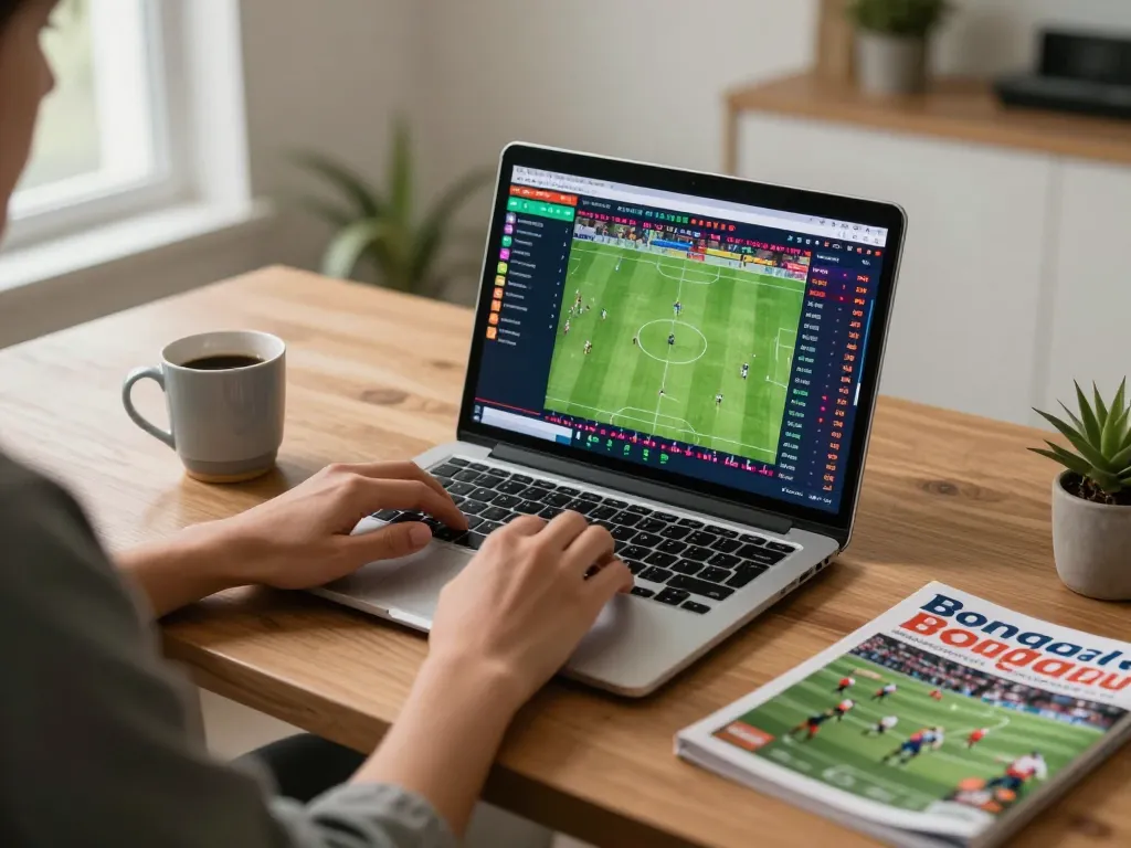 Bongdalu user engaging with live sports betting interface at home, showcasing real-time odds and scores.