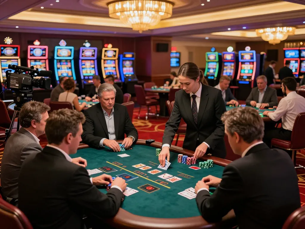 7m players engaged in high-stakes blackjack at an upscale casino, highlighting a thrilling gaming atmosphere