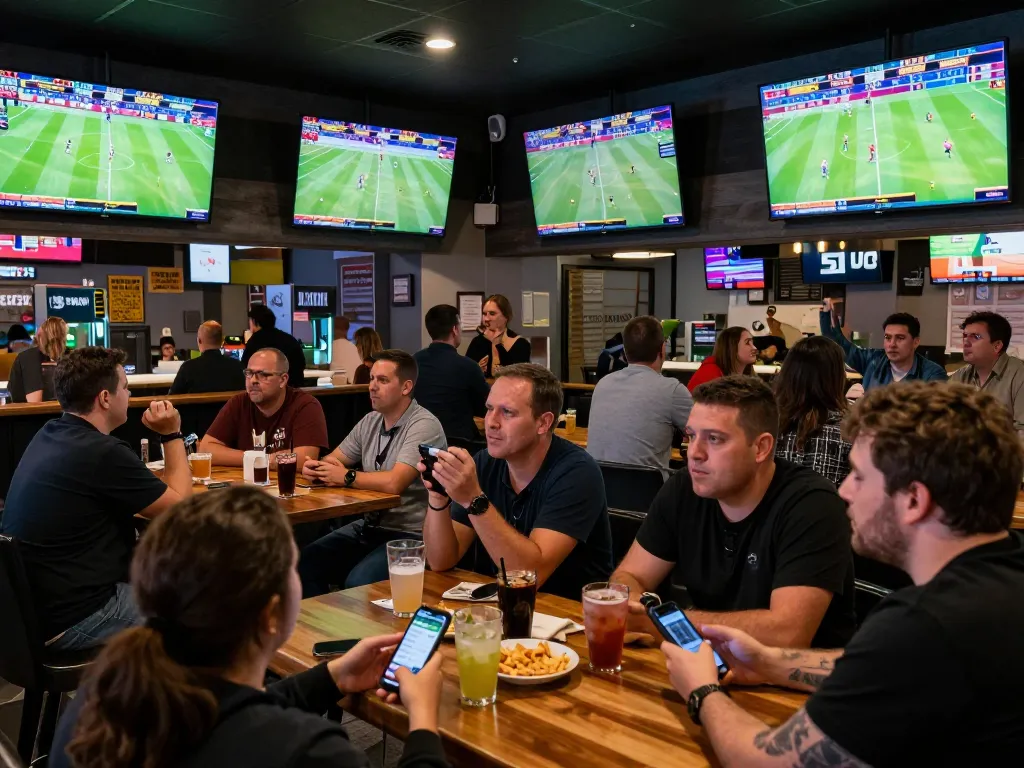 Engaged bettors enjoying sports betting at F8bet, with lively atmosphere and multiple screens showing events