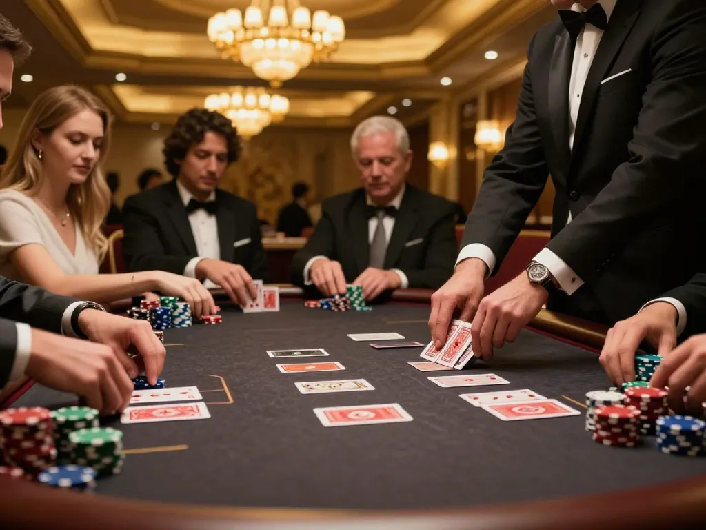Engaged players showcasing strategy at LV88's luxurious poker table in a high-end casino.