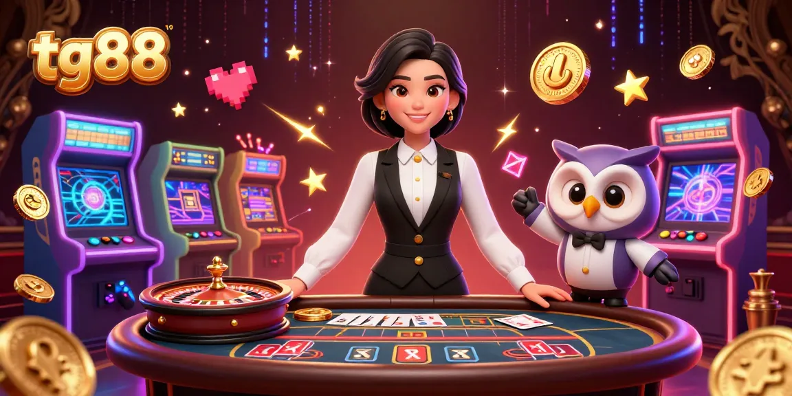 Experience tg88's exciting baccarat scene with a skilled dealer and vibrant casino elements.