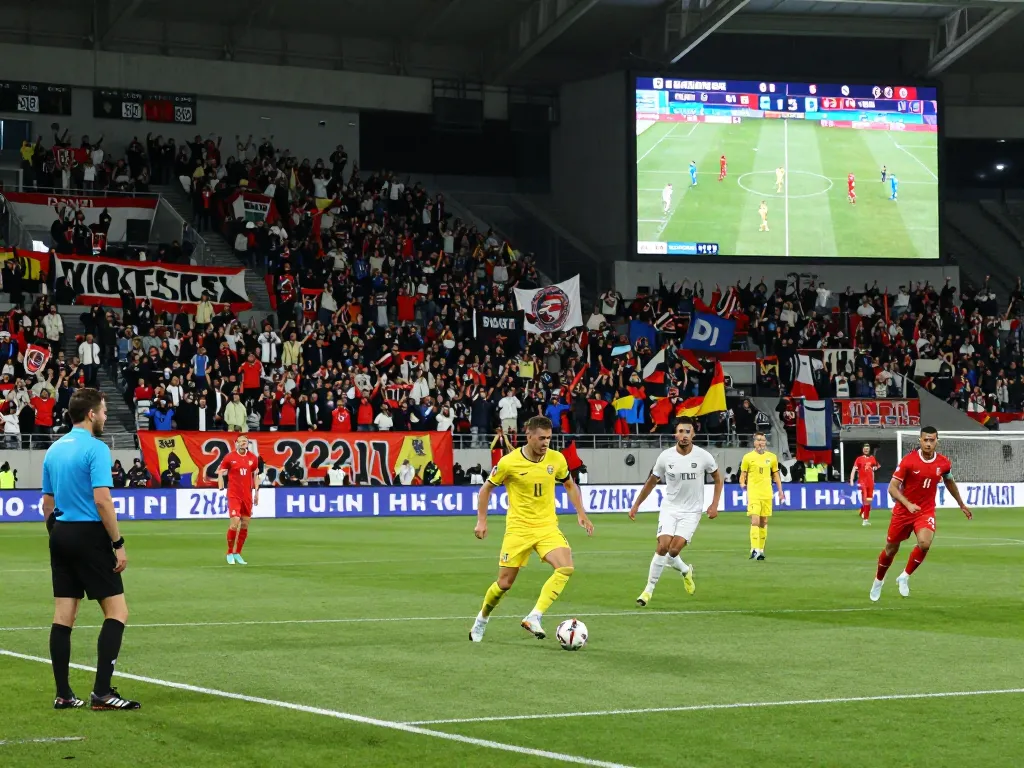 Live soccer match with players in action and displaying nowgoal scores on the scoreboard, capturing the excitement of the game.