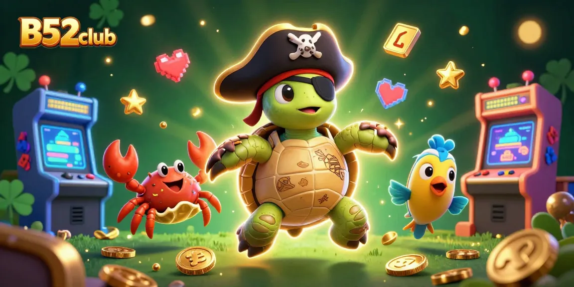 B52club showcases a fun gaming scene with a pirate turtle, hermit crab, and parrotfish enjoying arcade games near sunken treasure.