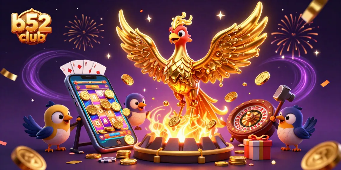 Win big with B52Club as golden phoenix rises in a vibrant, welcoming casino scene.